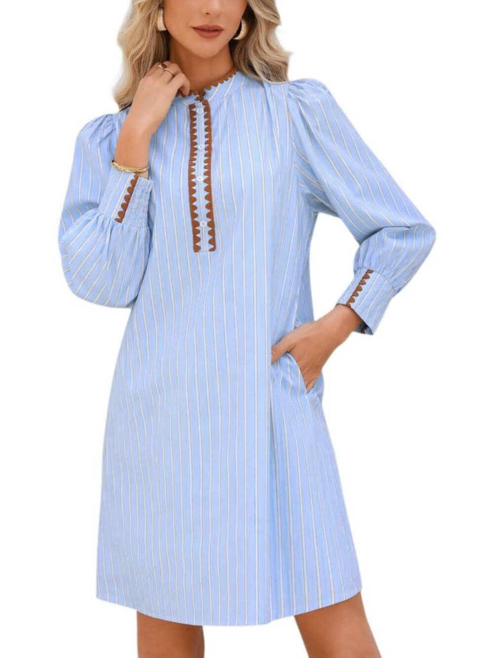 Boho Striped Mini Dress with Embroidery, Puff Long Sleeve, Button-Up Tunic